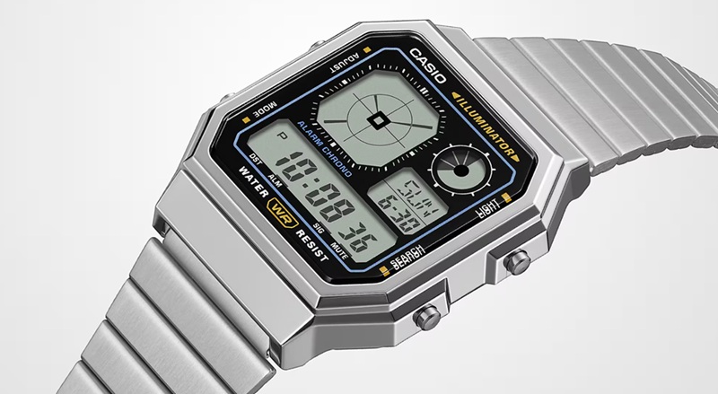 Casio's A130WE packs world time for 48 cities, five alarms, a stopwatch, and a countdown timer into a 54 g chrome-plated case.