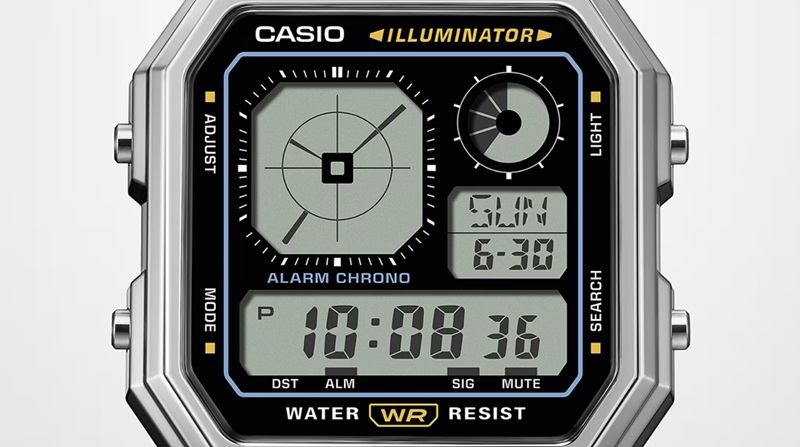 The A130WE's three-zone LCD splits analog-style hands, a function indicator, and a standard digital readout across one screen.