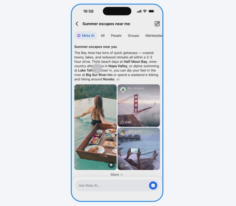 Meta's AI Mode synthesizes answers from public Facebook posts, Groups, and Reels.