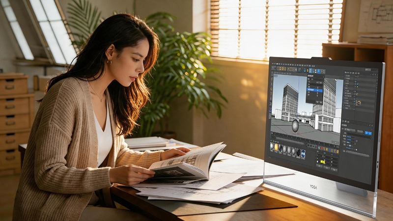 Lenovo Yoga 32 Ultra Aura — 31.5-inch 4K OLED display with 165Hz refresh rate and 1000 nits peak brightness.