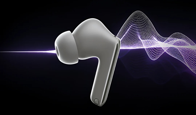 Lenovo Yoga True Wireless Noise Cancelling Earbuds in their vertical charging case.