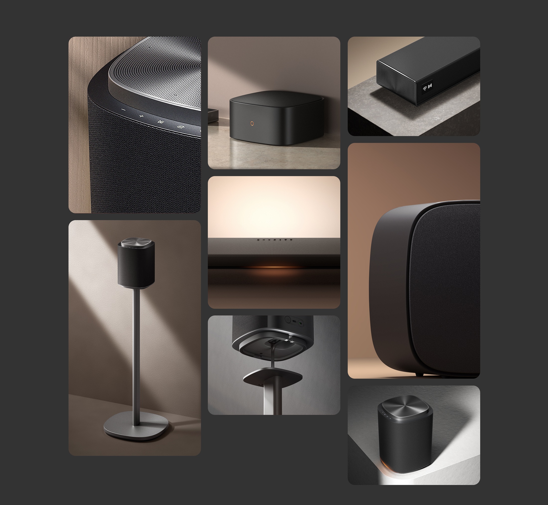 Collage with renders of the modular LG Sound Suite home audio system.