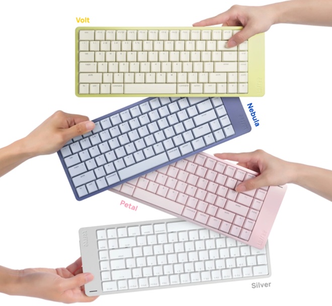Lofree Flow 2 for Mac dans les quatre coloris inspirés du MacBook Neo : Nebula, Petal, Volt et Silver.