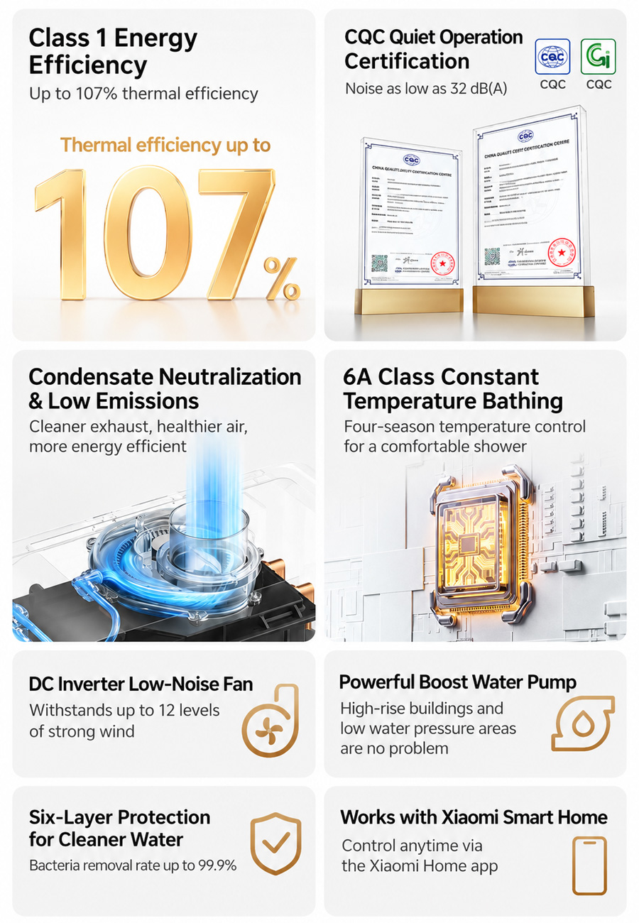 Le Xiaomi Mijia Smart Gas Water Heater 2 intègre un système de suppression du bruit à neuf couches pour descendre à 32 dB en fonctionnement.