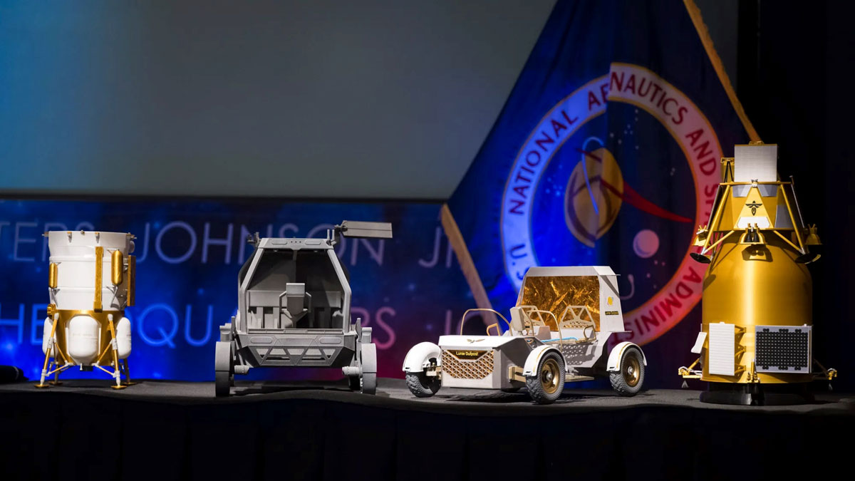 Models of the Blue Origin Mark 1 lunar lander, Astrolab rover, Lunar Outpost Pegasus rover, and Firefly Elytra Dark orbital vehicle. Photo: NASA / Aubrey Gemignani