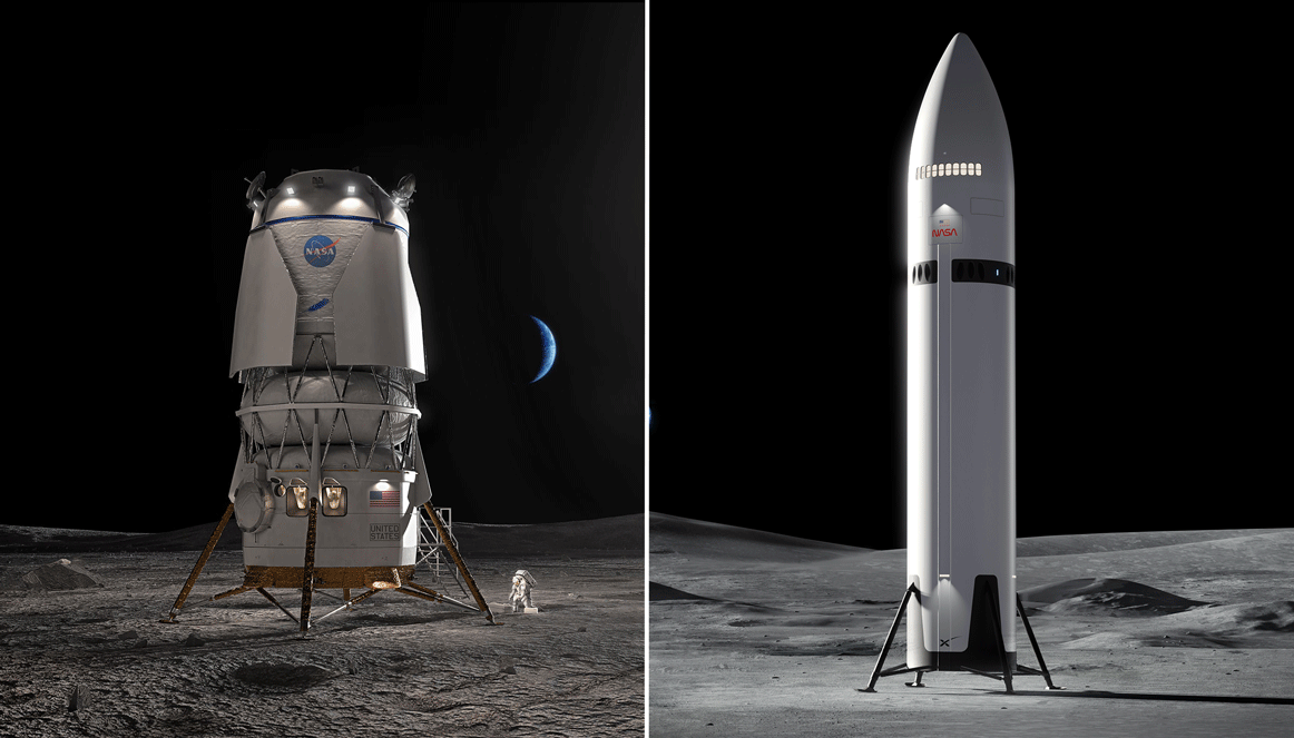 Зображення посадкового модуля Blue Moon та посадкового модуля Starship на місячній поверхні