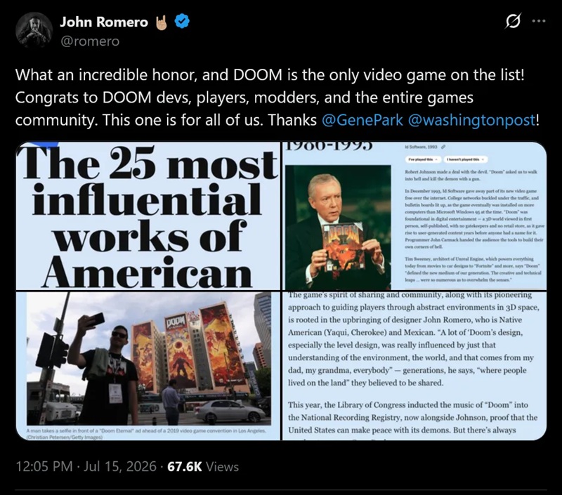DOOM (1993) — id Software's landmark shooter, now recognized as one of the 25 most influential works of American culture.