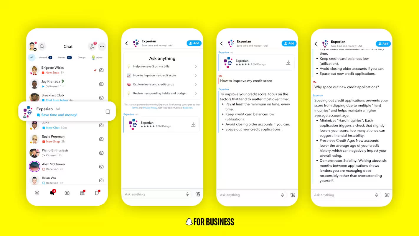 Snapchat's AI Sponsored Snaps place branded chatbot agents directly in the Chat tab, marked with a small 'Ad' label.