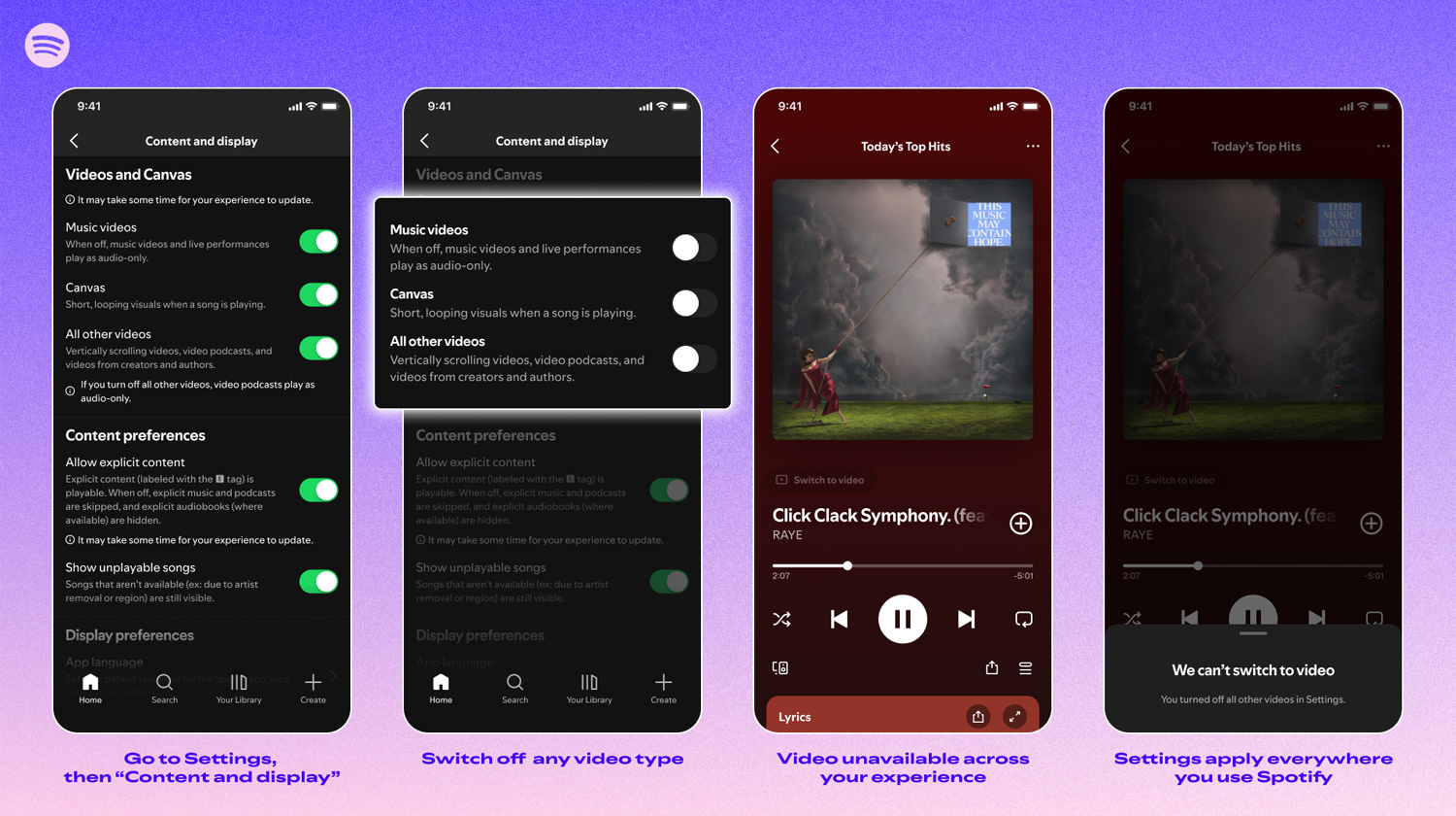 Paramètres de contrôle vidéo Spotify
