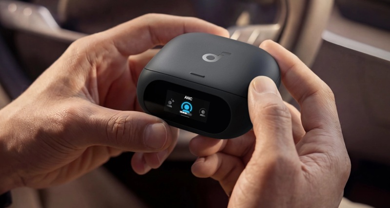 The 0.76-inch touch display on the Liberty 5 Pro case handles playback, ANC switching, and multipoint device management.